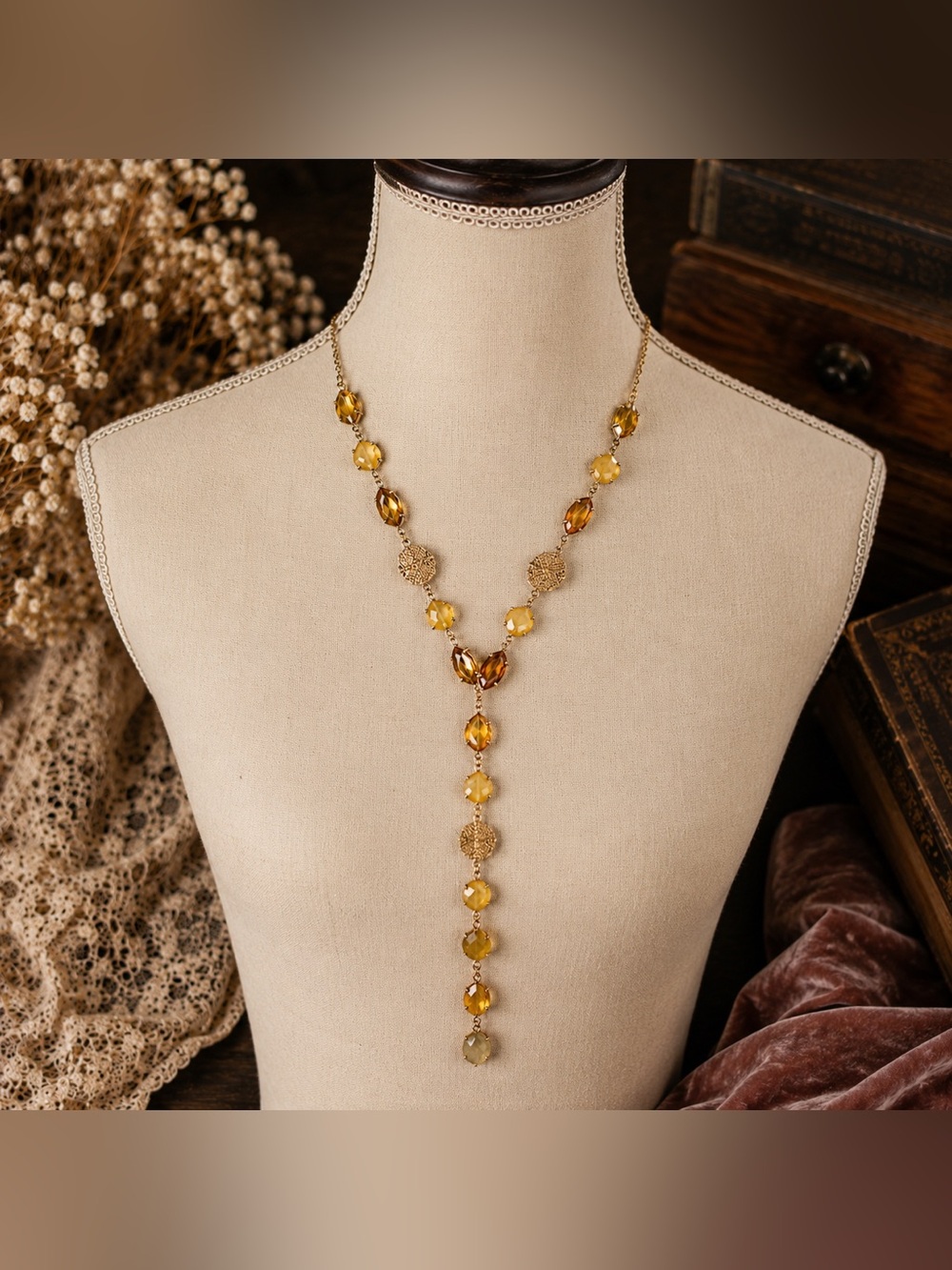 Lucky Brand Gold Tone Yellow Faceted Y Necklace Dangle Boho Adjustable 17-19”